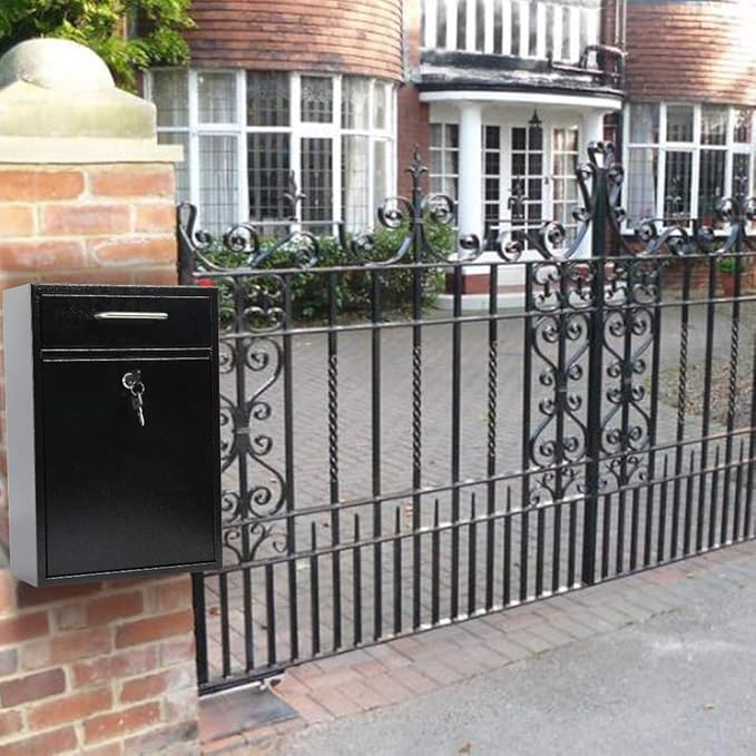 KYODOLED Steel Key Lock Mail Boxes Outdoor, Locking Wall Mount Mailbox, Security Lock Drop Box, Collection Boxes,16.2H x 11.22L x 4.72W Inches, Black X Large