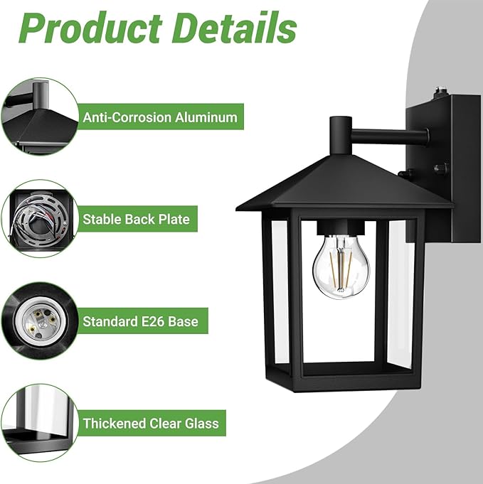 zemty Dusk to Dawn Outdoor Lighting Fixtures Wall Mount, Matte Black Outdoor Porch Lights with E26 Socket, Waterproof Exterior Wall Sconce for House, Doorway, Garage 2Pack (Bulb Not Include)
