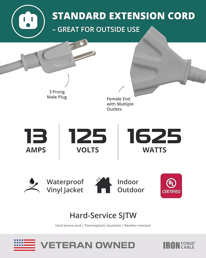 Iron Forge Cable 6 Ft Gray Outdoor Extension Cord with Multiple Outlets, 16/3 SJTW 6 Foot Grey Outdoor & Indoor Extension Cord with 3 Outlets, 3 Prong, Weatherproof 13 Amp Heavy Duty Power Cable