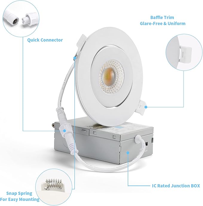 4 Inch Led Recessed lights Ultra-Thin Adjustable Eyeball Gimbal LED Recessed Lighting with Junction Box 9 Watts 750Lm Dimmable ceiling light ETL Listed (2700K/3000K/3500K/4000K/5000K Option 6Pack)