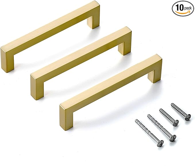 10 Pack Gold Cabinet Pulls 5 Inch Hole Centers Stainless Steel Square Cabinet Handles Brushed Gold Kitchen Cabinet Hardware Drawer Pulls Dresser Knobs