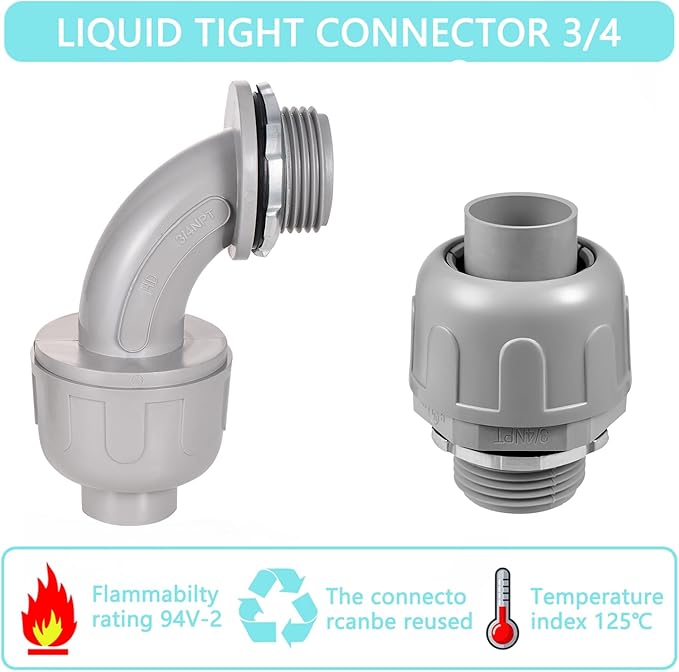 32 Pack 3/4 Inch Liquid Tight Connector NPT Non-Metallic PVC Electrical Flexible Conduit Fittings, UL Listed 16 Pack 90D and 16 Pack 180D