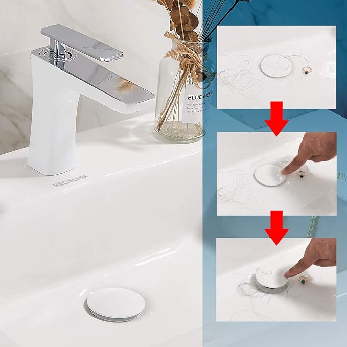 Pop Up Drain, Bathroom Faucet Vessel Vanity Sink Drain Stopper, Built-in Anti-Clogging Strainer, Without Overflow White,Fits Standard American Drain Hole(1-1/2" to 1-3/4") RWF082E