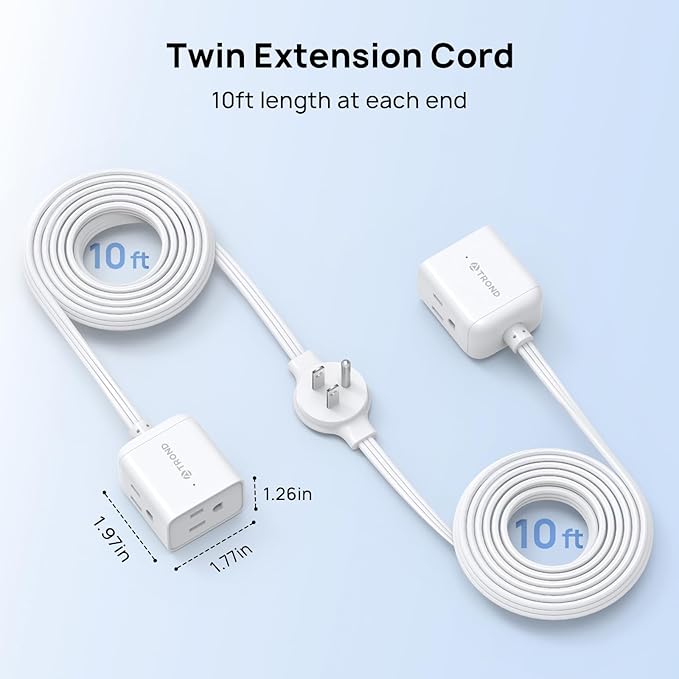 TROND Split Extension Cord Power Strip, Twin 10ft on Each Side, Low-Profile Flat Plug, Dual 3 Outlet Extender Cubes, 3 Prong Ground, 16 Gauge, Ideal for Behind TV Stand Sofa Headboard, Indoor, White
