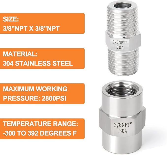 GASHER 4PCS 304 Stainless Steel Pipe Fitting, Hex Nipple Hex Coupling, 3/8" x 3/8" NPT Male Thread Pipe, 3/8Inch x 3/8Inch NPT Female Thread Pipe