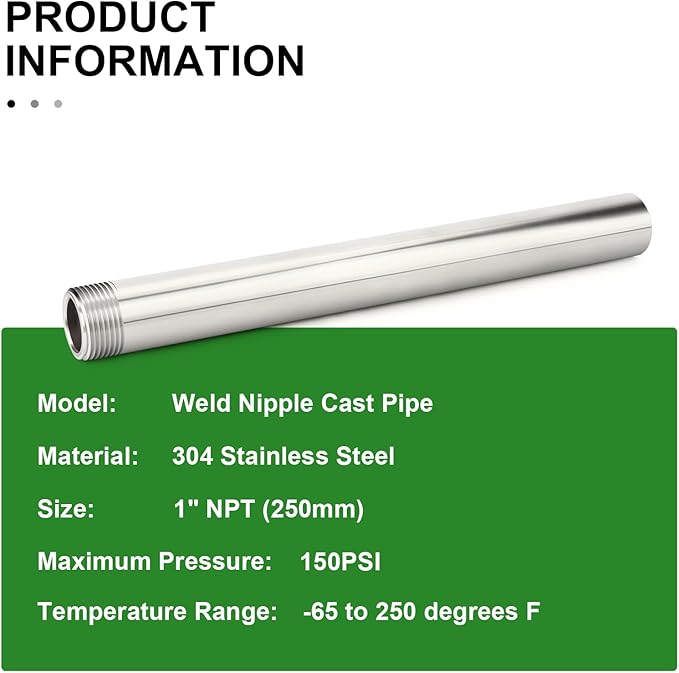 TAISHER 1PCS 304 Stainless Steel Pipe Fittings, 1" NPT Male Threaded, 16" Length Weld Nipple Cast Pipe