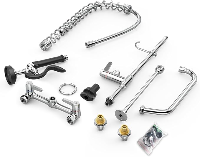 Height Adjustable Commercial Sink Faucet: BESTJEEF (25-32 inch) 8 inch Center Wall Mount Industrial Kitchen Faucet with Pre Rinse Sprayer - Ideal for Restaurants Cafes Bakery Canteens Cafeterias