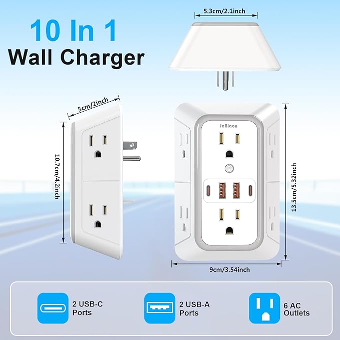 2 Pack Wall Charger, Surge Protector 6 Outlet Extender Multi Plug Wall Outlets with 4 USB Charging Ports (2 USB C Outlet) 3 Sided 1050J Power Strip Wall Adapter Spaced for Home Travel Office