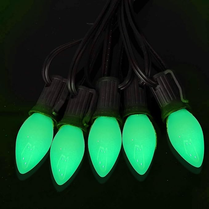 25 Pack C7 Replacement Christmas Light Bulb, Christmas Green Replacemen Bulb C7/E12 Base for Outdoor String Lights Window Candles Chandeliers Salt Lamp, 5 Watt