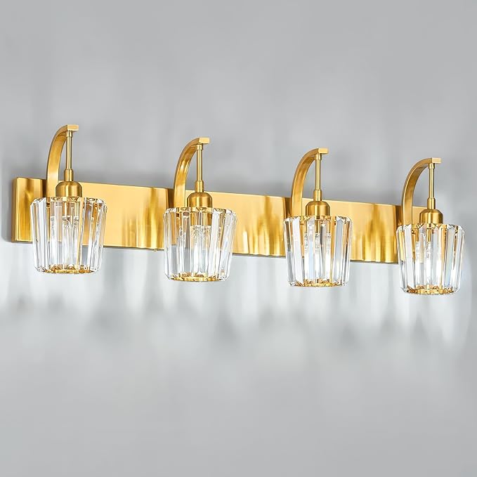 Modern Bathroom Vanity Light, 4-Light Gold Wall Sconce with Crystal Accents, Over Mirror Bathroom Lighting Fixture, 32.67" Long Dimmable Vanity Lamp for Makeup, Easy Installation