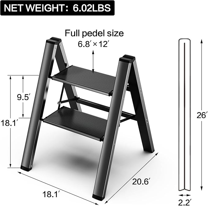 GameGem 2 Step Ladder, Aluminum Folding 2 Step Stool with Anti-Slip Sturdy and Wide Pedal, Lightweight Portable Stepladder for Home and Kitchen Use Space Saving, Black, 330 lbs
