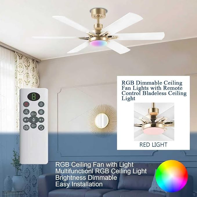 52in Ceiling Fans with Lights RGB Ceiling Fan with Light and Remote/APP Control,Low Profile Ceiling Fans with Lights for Bedroom,Living Room,Kids Room,3CCT Dimmable Modern Ceiling Fan, 8 Speeds,white