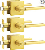 Probrico Gold Privacy Door Handle Lockset Heavy Duty Square Satin Brass Interior Door Lever for Bedroom or Bathroom Reversible Keyless Handleset Door Knob Slim Handed Levers, 3 Pack