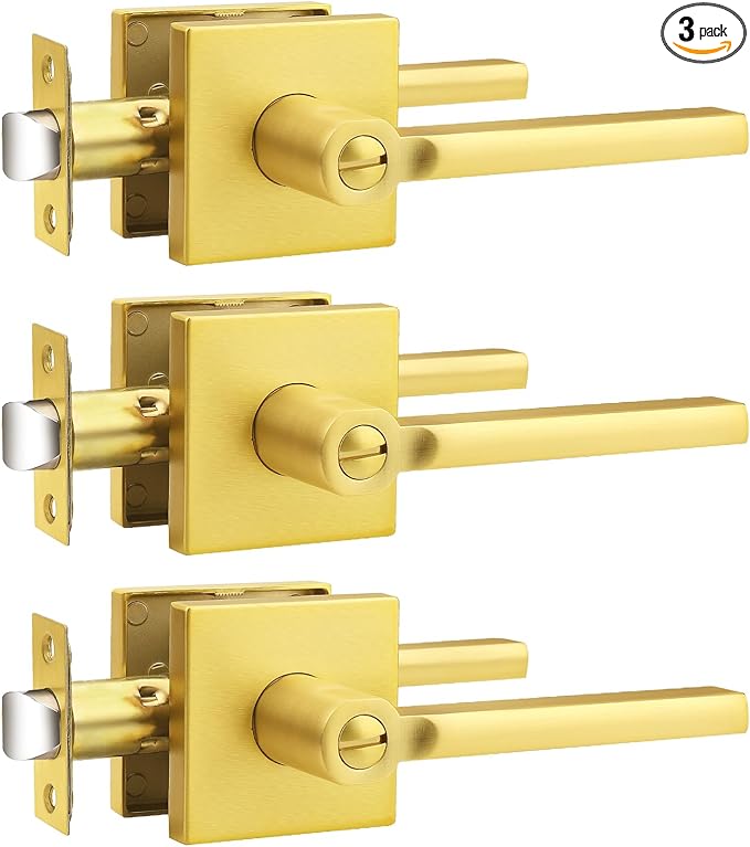 Probrico Gold Privacy Door Handle Lockset Heavy Duty Square Satin Brass Interior Door Lever for Bedroom or Bathroom Reversible Keyless Handleset Door Knob Slim Handed Levers, 3 Pack