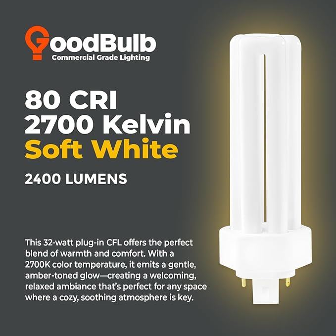 GoodBulb 32 Watt CFL Light Bulbs 4 Pin GX24Q-3 Base 2700K Soft White 32W High Output 2400 Lumens Triple Tube Compact Fluorescent Light Bulbs Plug-in 10 Pack