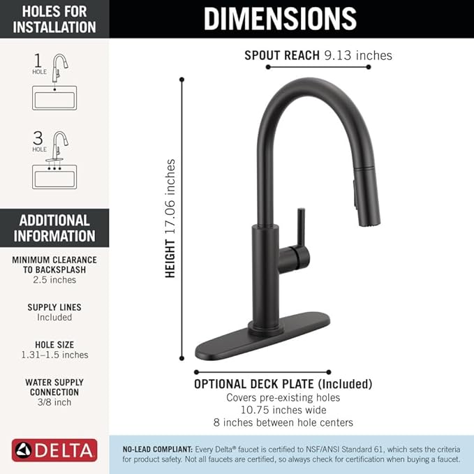 Delta Nicoli Matte Black Kitchen Faucet with Pull Down Sprayer, Bridge 3 Hole Modern Kitchen Sink Faucet, Two-Handle, Matte Black 19867LF-BL