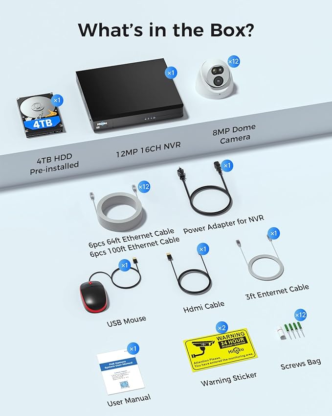 【4K HD+121°Wide View】 Hiseeu 12MP NVR 12 Pcs 4K PoE Security Cameras, 4 TB HDD for Home Surveillance Outdoor&Indoor, 2 Way Audio, Color Night Vision, Human Vehicle Detect, 7/24 Record, 0 Monthly Fee