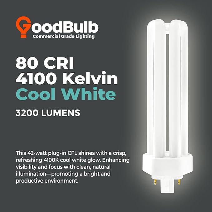GoodBulb 42 Watt CFL Light Bulbs 4 Pin GX24Q-4 Base 4100K Cool White 42W High Output 3200 Lumens Triple Tube Compact Fluorescent Light Bulbs Plug-in 10 Pack