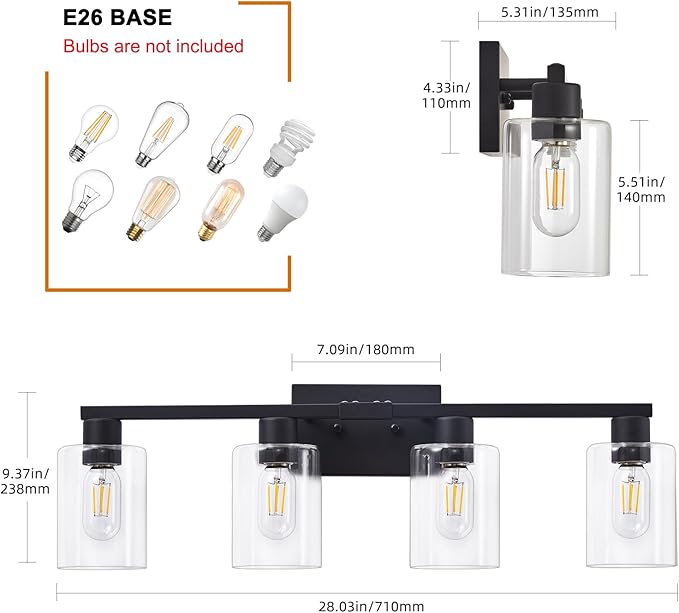 4 Light Bathroom Vanity Light Fixtures, Black Farmhouse Bathroom Vanity Light with Clear Glass Shade, Bathroom Lighting Fixtures Over Mirror, Vanity Lights for Bathroom Mirror