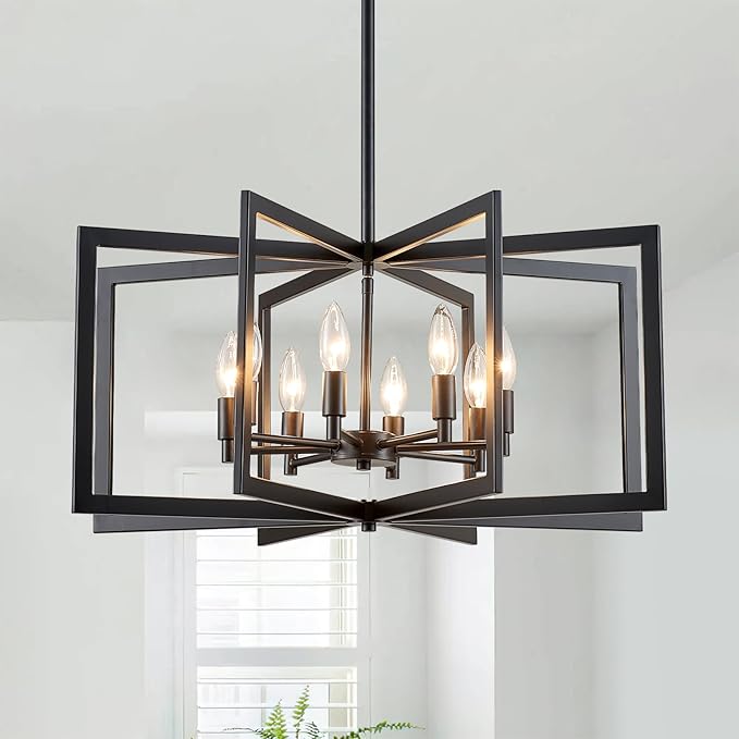 Black Chandelier 8-Light, 26" Modern Industrial Dining Room Light Fixture, Large Geometric Pendant Lighting for Living Room Kitchen Foyer Office, Large Hanging Chandelier