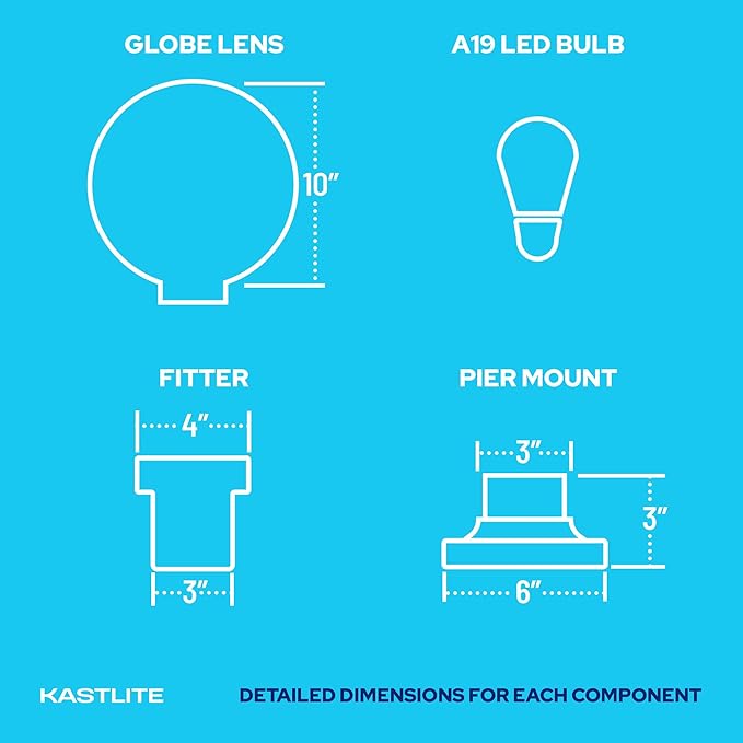 KastLite 590nm Amber LED Pier Mount Globe Light - Sea Turtle Friendly Outdoor Fixture - 7.5W Wildlife Safe Lighting for Coastal Porch Garden & Dock Use - Made in USA - Clear Acrylic Lens, Black Base