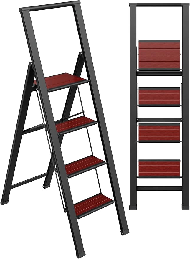 Step Ladder 4 Step Folding, Decorative - Beautiful Mahogany & Black Aluminum, Ultra Slim Profile, Anti Slip Steps, Sturdy-Portable for Home, Office, Kitchen, Photography Use,by SORFEY