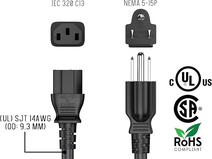 CableLeader 8ft 18 AWG Universal Power Cord IEC320 C13 to NEMA 5-15P, Extension Power Cord, Compatible with Computers, Monitors, Printers & TVs, Black
