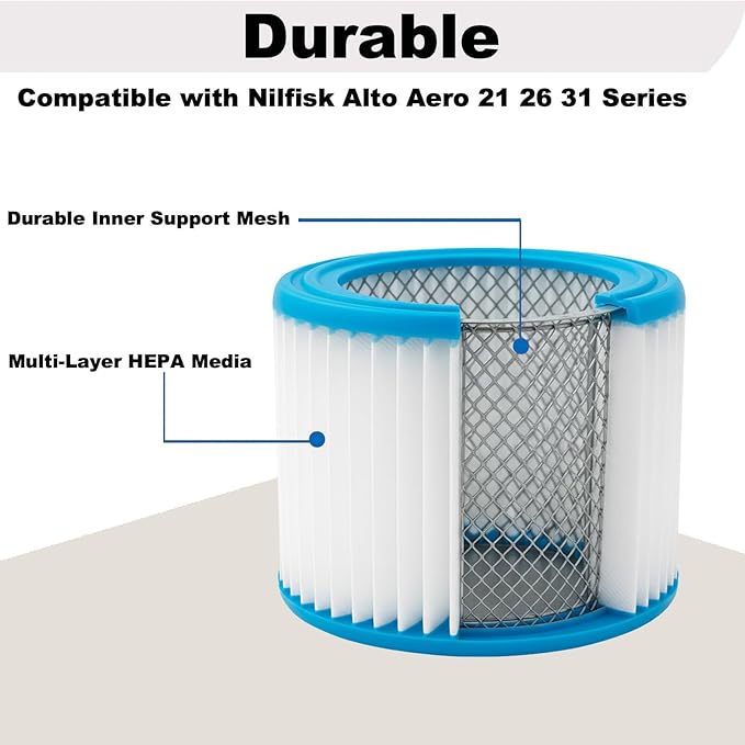 HEPA Replacement Cartridge Filter with Reinforced Metal Mesh Core, Compatible with Nilfisk ALTO Aero 21 26 31 Wet Dry Vacuums