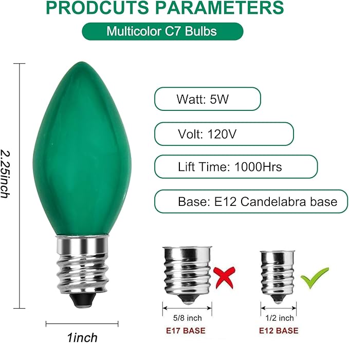 25 Pack C7 Ceramic Christmas Replacment Bulbs, Green Light Bulbs for E12 Candelabra Base Outdoor/Indoor Christmas String Lights, 5 Watt