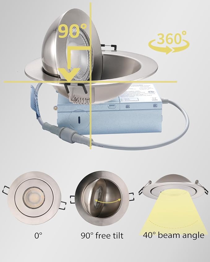 4-inch Gimbal LED Recessed - 4 in Lighting 6Pack Canless Brushed Nickel Trim 90° Tilt Swivel LED Eyeball Wafer Slope Ceiling Adjustable Spotlight Dimmable Brushed Nickel 4 inch 6 Pack