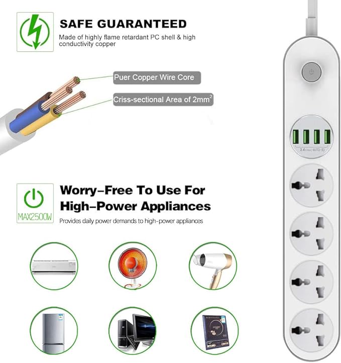 Universal Power Strip with USB Ports, 4 Outlets 4 Smart USB (5V 3.4A 17W), 6.5ft Power Cord, 2500W Circuit Breaker, Child Safe Door, for Cruise Ship,Dorm Room Multi Plug Extender
