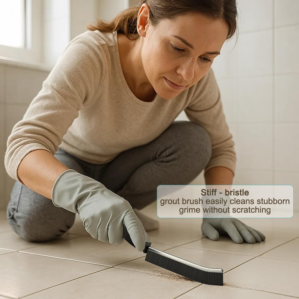 [7-Pack] Hard Bristle Crevice Cleaning Brush - Grout & Gap Crevice Brush for Window Tracks, Bathroom Corners, Kitchen Sink -Ergonomic Curved Handle Protects Hands, Cleaning Products Essential