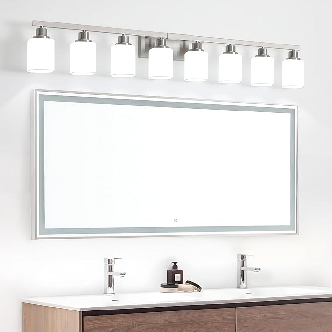 8-Light Bathroom Vanity Light,Brushed Nickel Vanity Lights with Square Frosted Glass,Modern Wall Lights Fixtures Over Mirror,Wall Sconces Lighting for Bedroom Living Room,E26