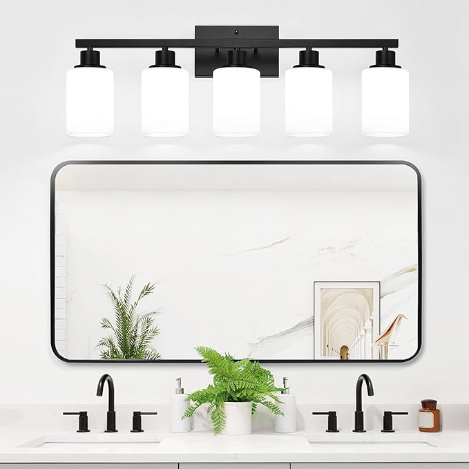 5-Light Bathroom Light Fixtures, Vanity Light with Milky White Shades, Matte Black Bathroom Light Fixtures Over Mirror, Modern Bathroom Wall Lamp for Mirror Living Room Cabinet Bedroom