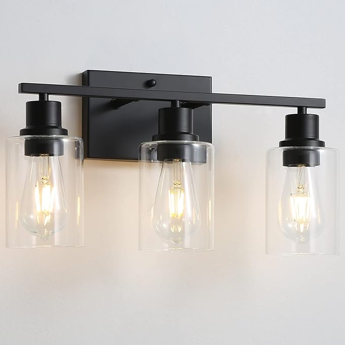 EMONG 3-Lights Bathroom Light Fixtures, Matte Black Vanity Light with Glass Shade, Modern Wall Sconces Lighting for Bathroom,Mirror,Farmhouse,Hallway
