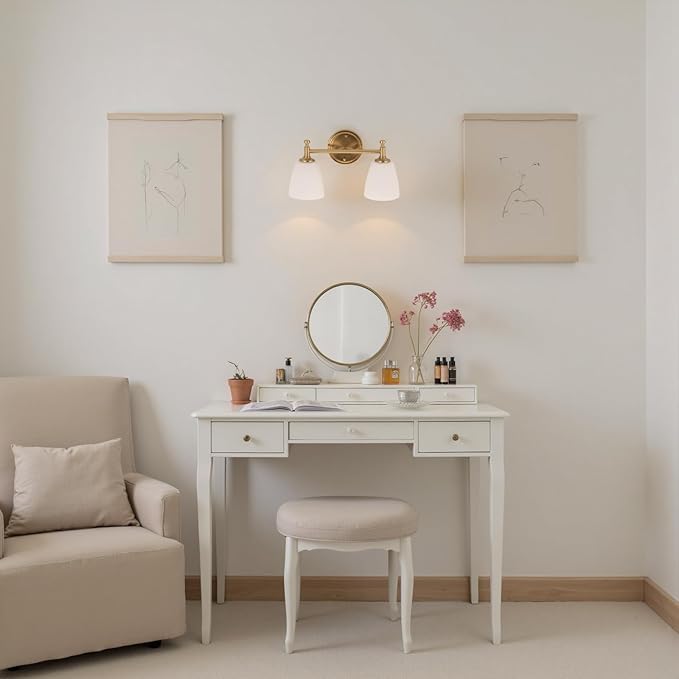 2-Light Gold Bathroom Light Fixtures, Wall Sconce with Brass Base & Milk Glass Shade, Gold Vintage Wall Lamp for Bedroom, Living Room, Hallway,Vanity,E26 Socket (Bulbs Not Included)