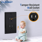ELEGRP Decorator Wall Receptacle Outlet, Tamper Resistant 15 Amp Standard Electrical Wall Outlet, Residential Grade, Self-grounding, 125V, Wall Plate Included, UL Listed, Glossy Black, 10 Pack