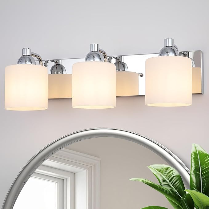 Stainless Steel Milk Glass Vanity Lights for Bathroom, 3 Light Polished Chrome Bathroom Light Fixtures Over Mirror, Ceramic E26 Sockets Wall Mounted