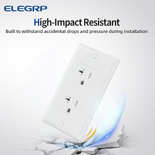ELEGRP Glossy White Decorator Electrical Wall Outlet Receptacle, 20A 125V Standard Outlets, 2 Pole 3 Wire, Non-Tamper Resistant, NEMA 5-20R, Self-Grounding, Wall Plate Included, UL Listed, 10 Pack