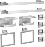 Brushed Nickel Bathroom Hardware Set, 10-Piece Stainless Steel Square Bathroom Towel Rack Set with 2× 24" Towel Bars, 2× TP Holders with Shelves, 2× Rings, 4× Robe Hooks