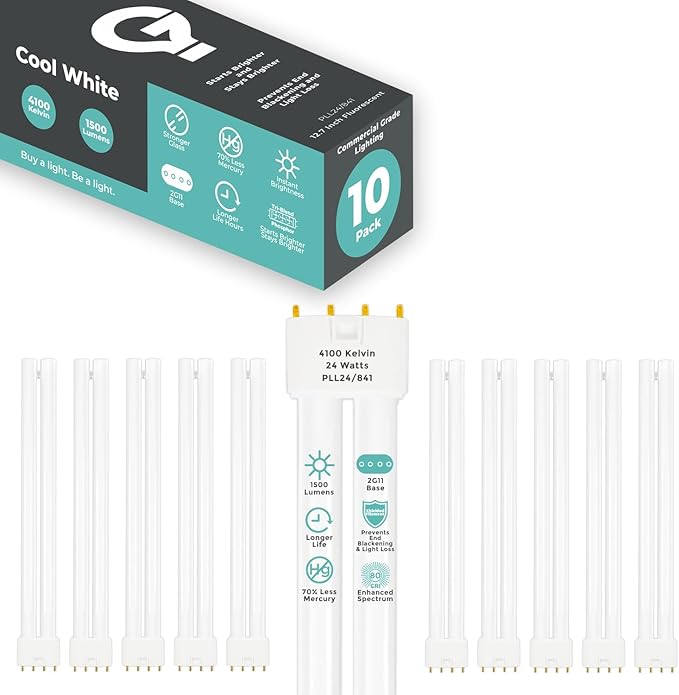 GoodBulb PLL24/841 24W 12.7" Twin Tube Compact Fluorescent Light Bulb 4-pin 2G11 Base 4100K Cool White 1500 Lumen 36000 Hour Long Life Biax Pack of 10
