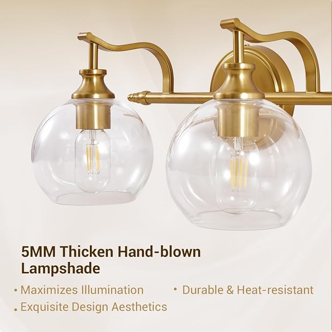 ANDY STAR Brass Vanity Light, Gold Bathroom Light Fixtures 4 Lights, 27.8 Inch Vintage Bathroom Sconces, Brushed Brass Vanity Lighting with Globe Clear Glass Shade, E26 Base (Bulbs Not Included)