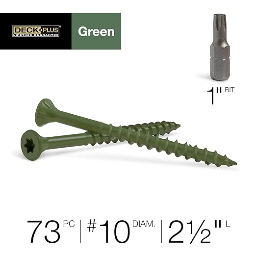 Deck Plus 2-1/2 Inch Epoxy Coated Exterior Wood and Fence Screws #10 x 2-1/2" Torx/Star Drive Included Coarse Thread, Outdoor Rust Resistant Decking Screw, Green, 1lb Box, 73 Pieces | 48401