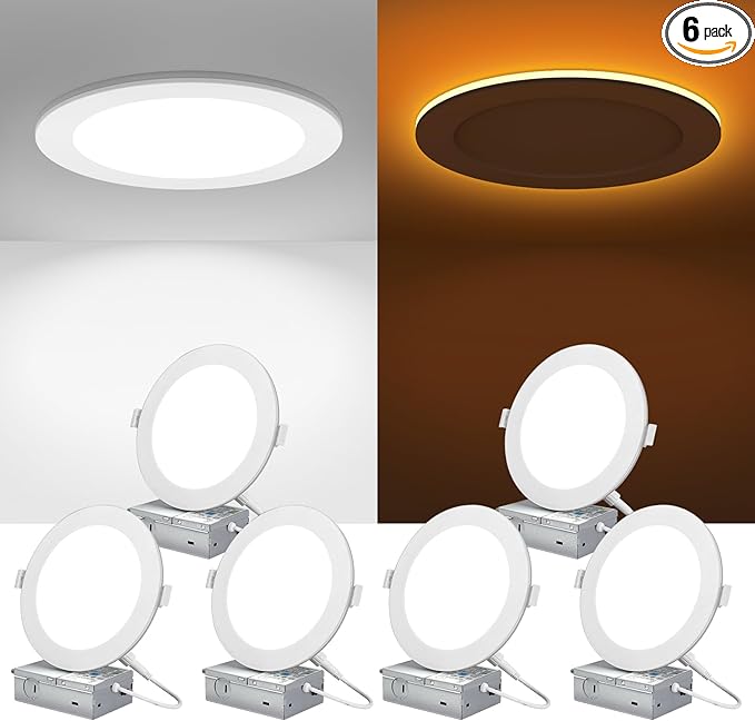 ZYC Canless LED Recessed Lighting 6 Inch 6 Pack 5CCT Ultra-Thin Recessed Downlight Lights with Night Light Mode, 12W 1100LM Dimmable Retrofit Wafer Recessed Ceiling Light, 1800K to 5000K ETL&FCC