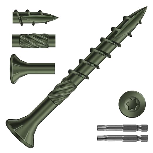 #8 x 1-1/2" Deck Screws (1288Pcs) 8lb. Carbon Steel, Green, Flat Head, Rust Resistant epoxy Coated, with T25 Star Bit