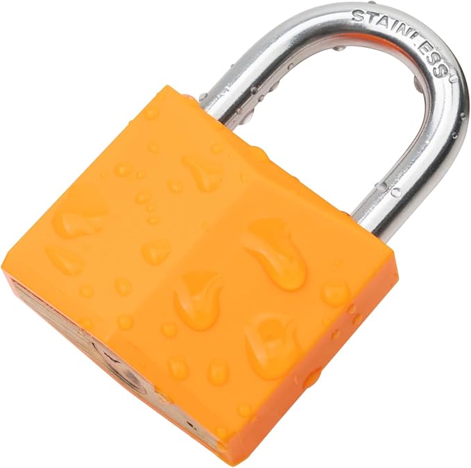 2-Pack Keyed Alike Locks, Orange Covered Brass Keyed Padlock with Stainless Steel Shackle, 1-9/16 Inch Lock Body, Rustproof Locks for Luggage Gate Fence Hasp Cabinet Toolbox Gym School Locker