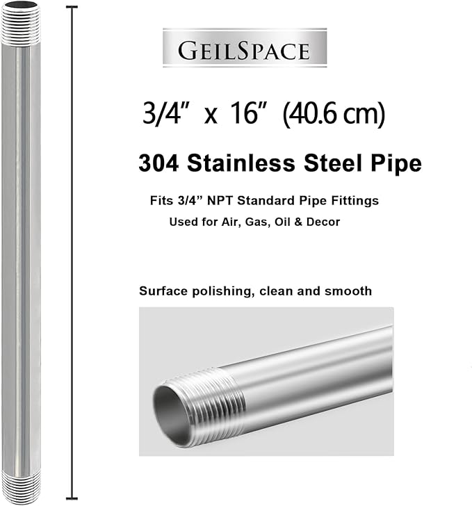 GeilSpace 3/4" x 16" Stainless Steel Pipe, 304 Pipe Nipple Fits Standard 3/4 Inch Threaded Pipes and Fittings, DIY Industrial Metal tube (2 PCS)