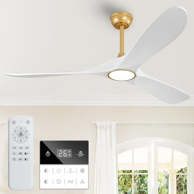 60 Inch Gold Ceiling Fans with Lights and Dimmable Mordern, 3CCT,Outdoor Ceiling Fan with Lights High CFM Quiet 3 Blades Propeller Wood Ceiling Fan for Patio,Porch,Farmhouse,Gazebo