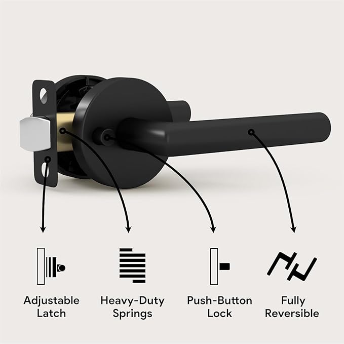 Mega Handles Ronn Privacy Door Handle - 2 Pack Reversible Interior Black Door Handle, Heavy Duty Bed & Bath Door Handles with Privacy Door Lock, Fits All Standard Doors - Matte Black