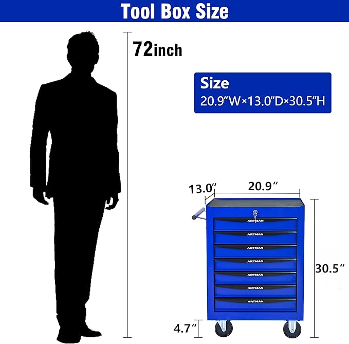 7 Drawers Rolling Tool Box on Wheels, Multifunctional Tool Chest Cabinet with Lock, Drawers Rolling Tool Cart Trolley Organizer Tool Storage Case for Warehouse,Garage,Workshop (Blue)